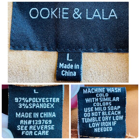 Ookie & LaLa Tan Scuba Suede Open Front Neutral Layer Mid Length Jacket L - Picture 11 of 12